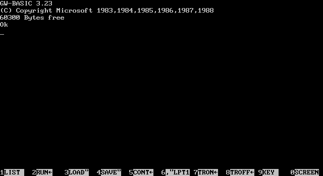 GW Basic. Remember it? -- from WikiPedia: (http://en.wikipedia.org/wiki/File:GW-BASIC_3.23.png)